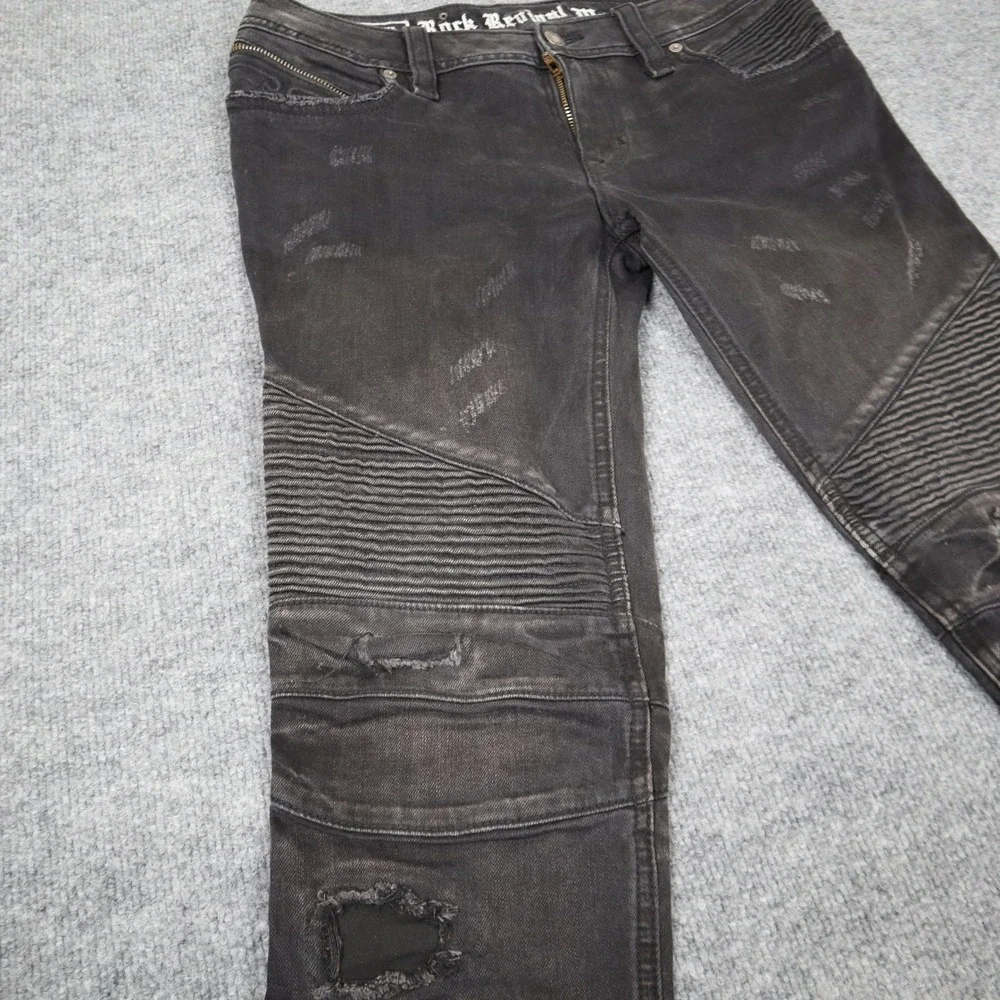 Rock Revival Moto Men Black Distressed Biker Jeans‎ Slim Fit Ribbed Details READ